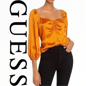 GUESS Seever Blouson-sleeve Animal Print Top In Amber Sunset